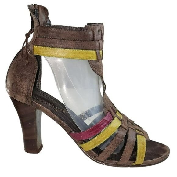 Vintage Style Brown Real Leather Peep Toe Block Heel Strappy Gladiator Sandals - Picture 2 of 16